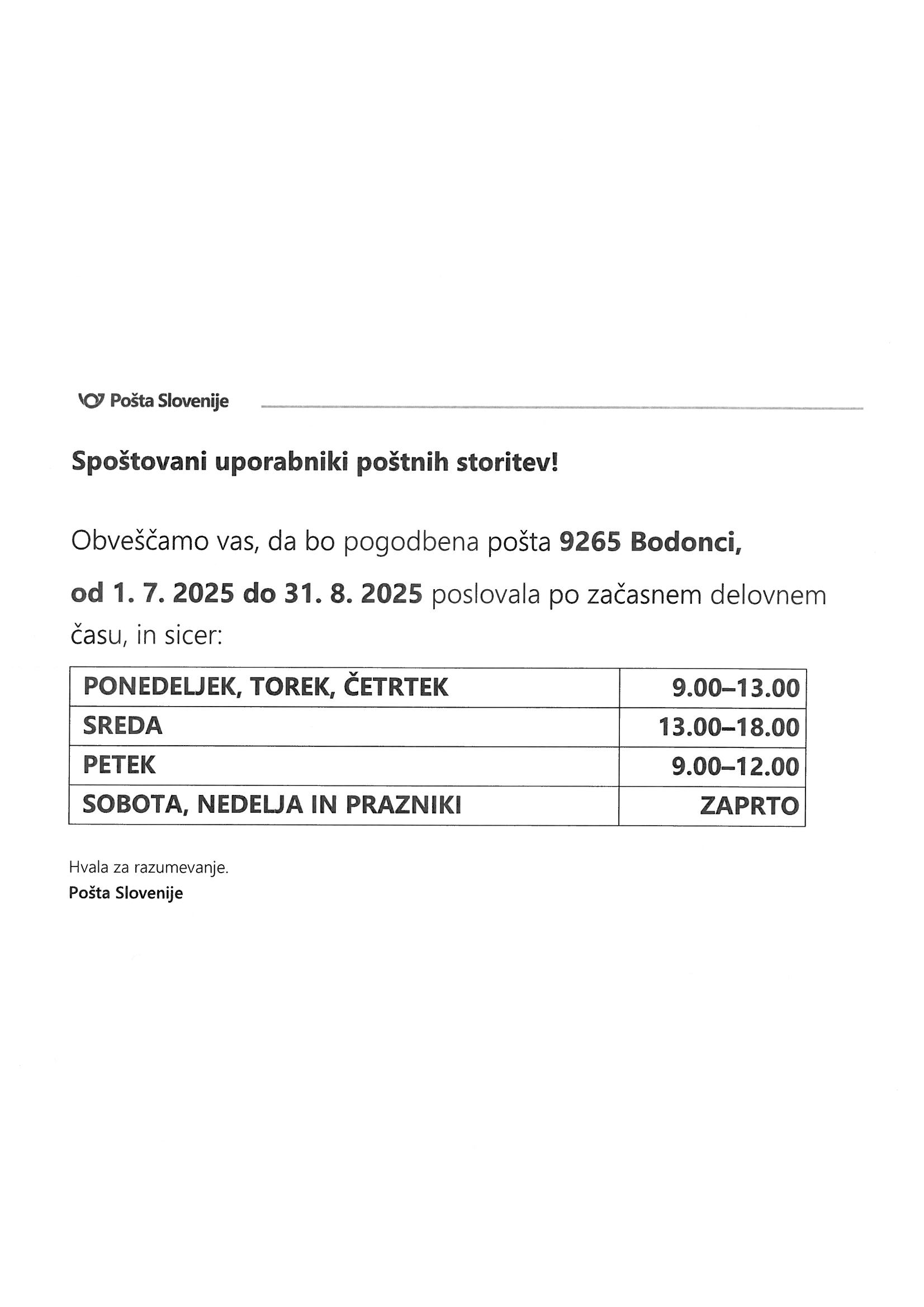 Začasni poletni delovni čas